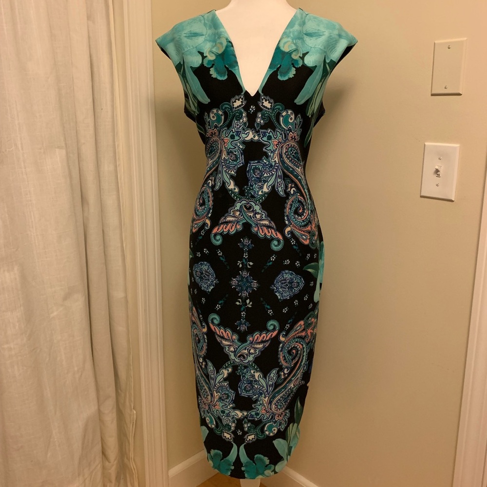 Vivid Teal & Black Paisley Sheath Dress